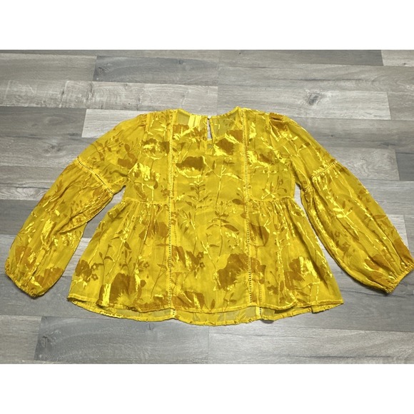 Meadow Rue Anthropologie Mustard Yellow Velvet Sheer Peasant Boho Blouse -Size 4 - Picture 2 of 7